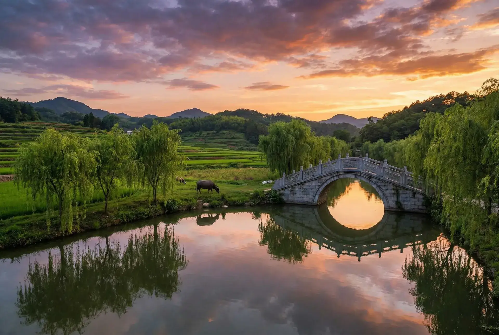 夕阳下的石拱桥与垂柳，水牛在河边吃草 - 狠狠爱 乡村美景